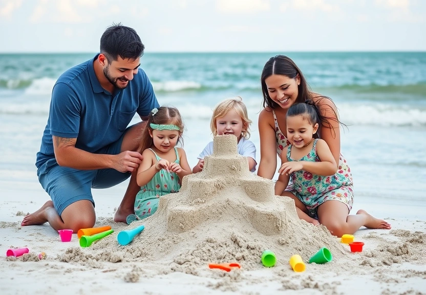 Happy family building sandcastle together at Delray Beach